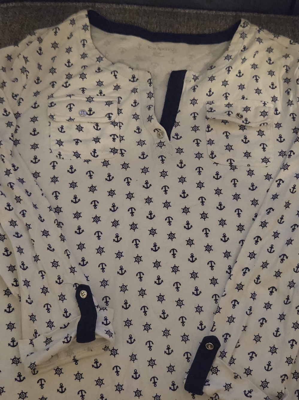 Kim Rogers White Long Sleeve Henley with Navy Anchor Print